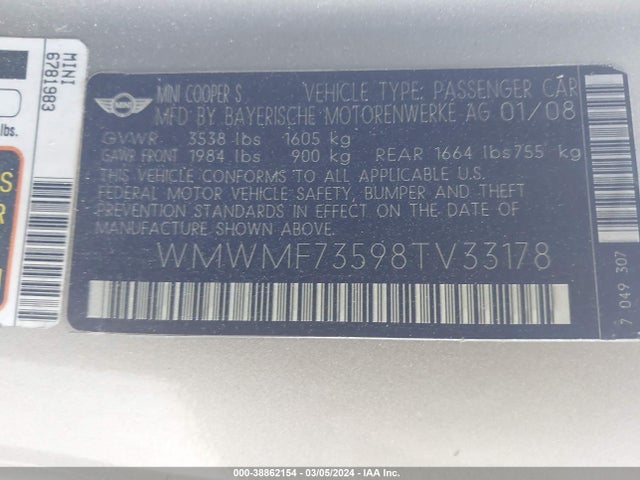 2008 MINI COOPER S WMWMF73598TV33178 Photo 8