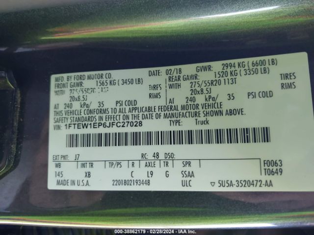 1FTEW1EP6JFC27028 Ford F-150 Xlt