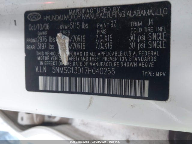 2007 HYUNDAI SANTA FE GLS VIN: 5NMSG13D17H040266