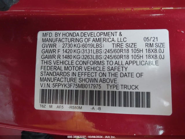 Honda Ridgeline Rtl-e 2021 5FPYK3F75MB017975 Image 9
