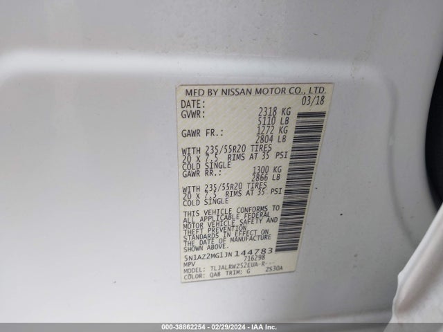 Nissan MURANO SL 2018 5N1AZ2MG1JN144783 Image 9
