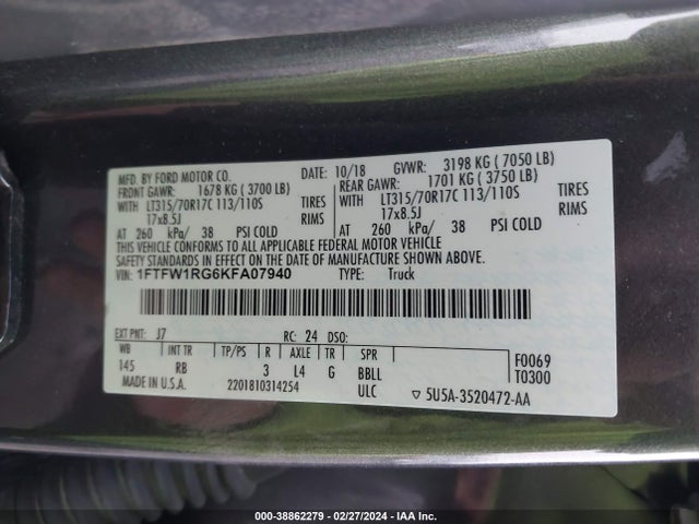 Ford F-150 Raptor 2019 1FTFW1RG6KFA07940 Image 9