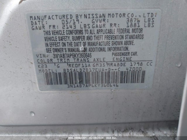 Nissan SENTRA SV 2019 3N1AB7AP6KY360646 Image 9