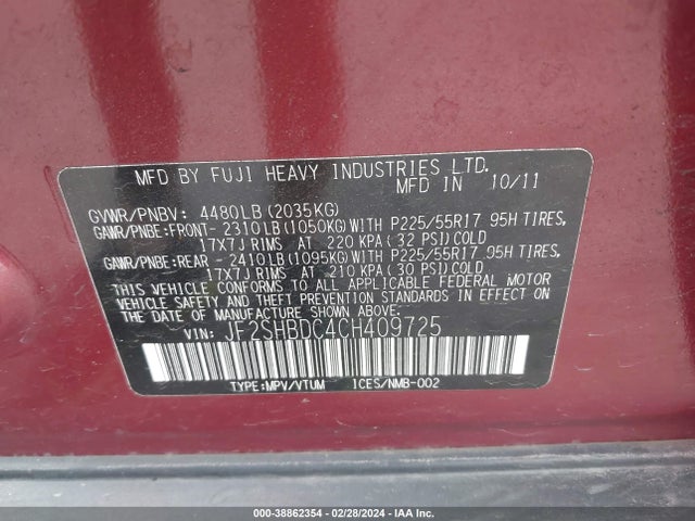 Продаж на аукціоні авто 2012 Subaru Forester 2.5x Premium, vin: JF2SHBDC4CH409725, номер лоту: 38862354