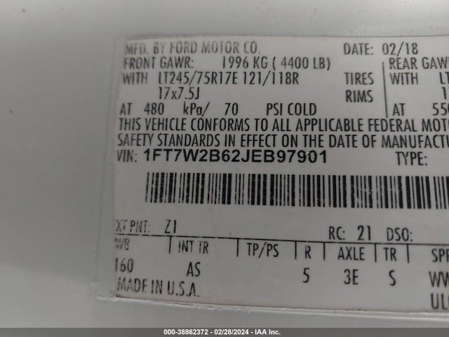 2018 FORD F-250 XL VIN: 1FT7W2B62JEB97901