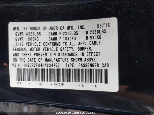 Honda ACCORD EX 2017 1HGCR2F04HA034780 Image 9