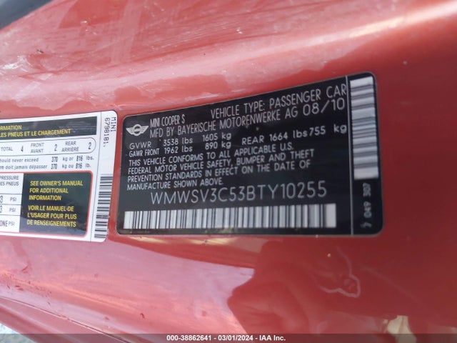 2011 MINI COOPER S WMWSV3C53BTY10255 Photo 8