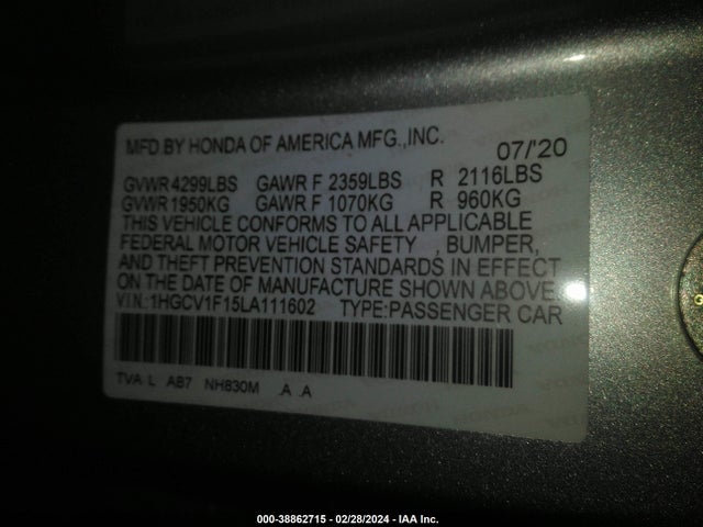 Honda ACCORD LX 2020 1HGCV1F15LA111602 Image 9