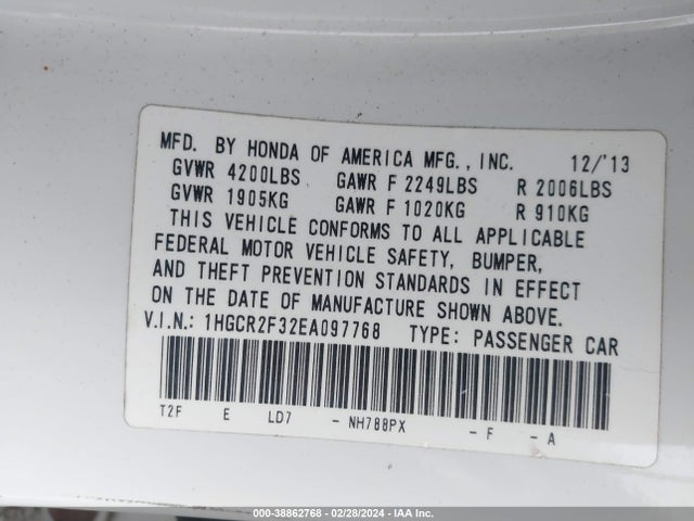Honda ACCORD LX 2014 1HGCR2F32EA097768 Image 9