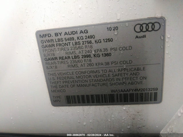 WA1AAAFY4M2013259 Audi Q5 Premium 45 Tfsi Quattro S Tronic
