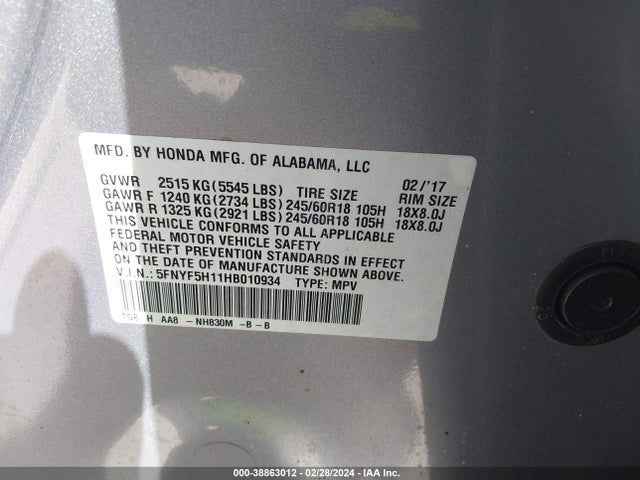 Honda PILOT LX 2017 5FNYF5H11HB010934 Image 9