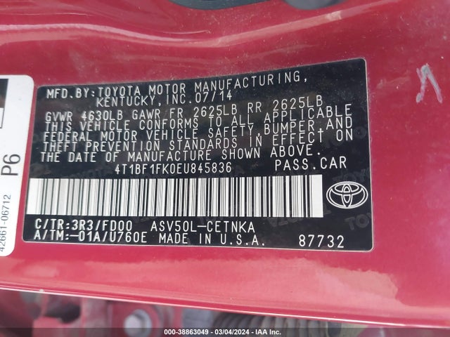 Aukcja sprzedaży 2014 Toyota Camry Le, vin: 4T1BF1FK0EU845836, numer aukcji: 38863049