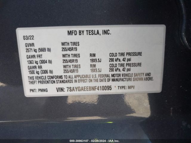 7SAYGAEE8NF410095 Tesla Model Y Long Range Dual Motor All-wheel Drive