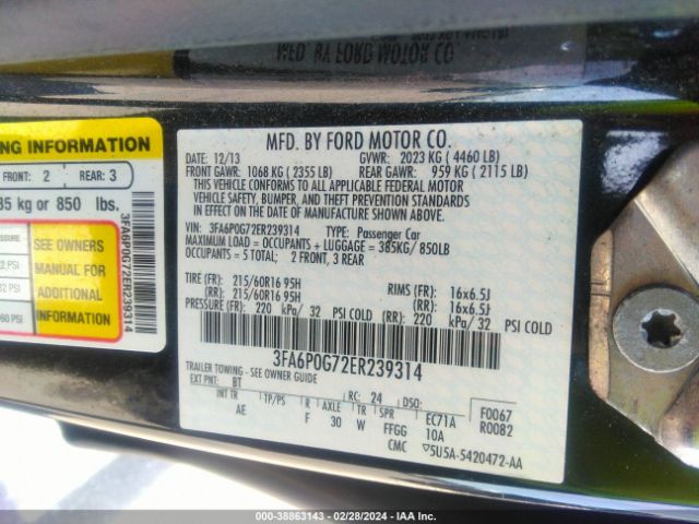 3FA6P0G72ER239314 Ford FUSION S