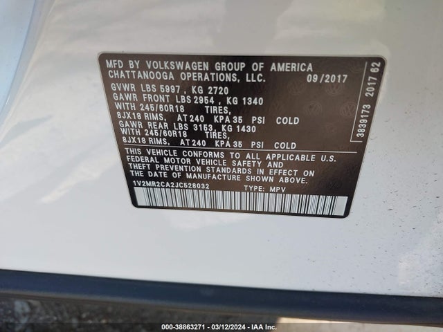 1V2MR2CA2JC528032 Volkswagen Atlas 3.6l V6 Sel