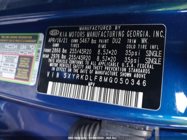 KIA SORENTO SX 2021 5XYRKDLF8MG050346 Image 9