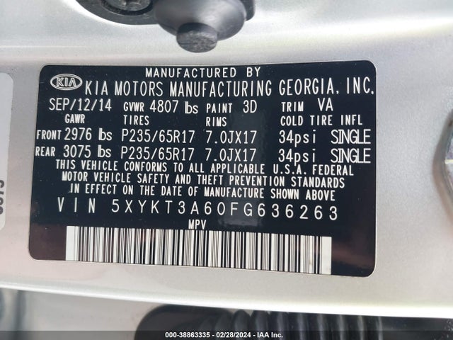 KIA SORENTO LX 2015 5XYKT3A60FG636263 Image 9