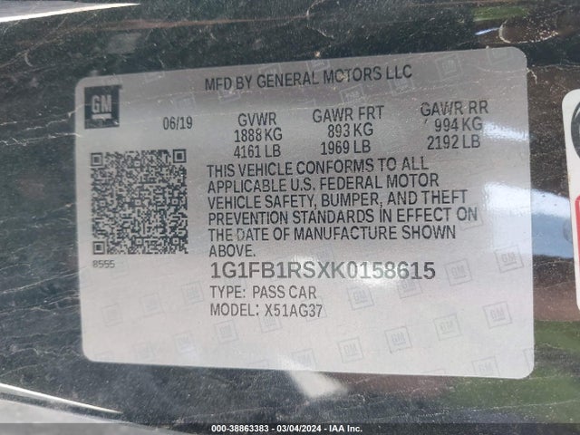 Chevrolet Camaro 1lt 2019 1G1FB1RSXK0158615 Image 9