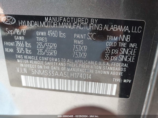 Hyundai Santa Fe Sel 2.0t 2020 5NMS33AA5LH174014 Image 9