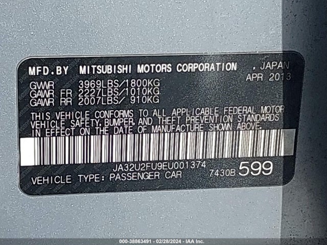 JA32U2FU9EU001374 Mitsubishi LANCER ES