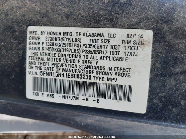Honda ODYSSEY EX 2014 5FNRL5H41EB083238 Image 9