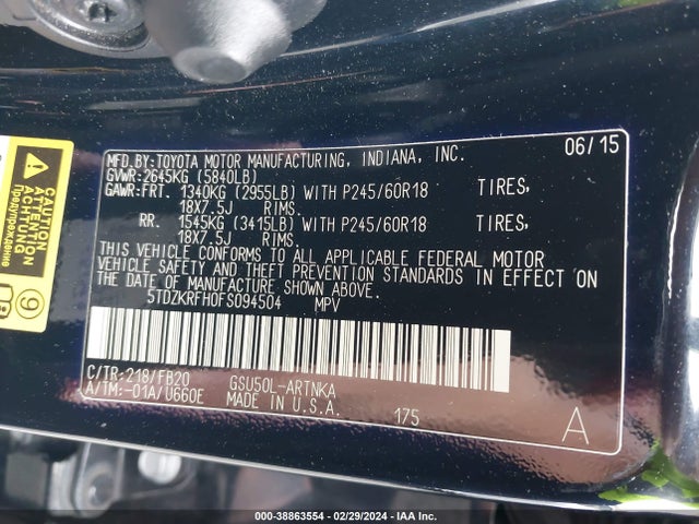 Toyota Highlander Le V6 2015 5TDZKRFH0FS094504 Image 9
