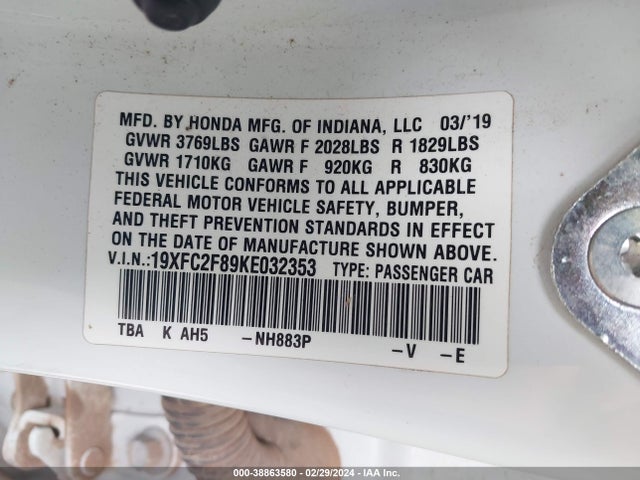Honda Civic Sport 2019 19XFC2F89KE032353 Image 9
