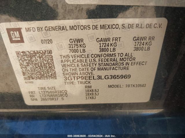 3GTP9EEL3LG365969 GMC Sierra 1500 4wd  Short Box At4