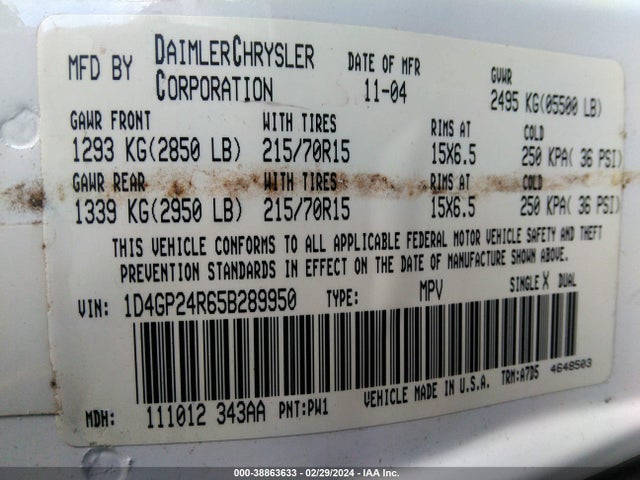 2005 DODGE GRAND CARAVAN SE VIN: 1D4GP24R65B289950