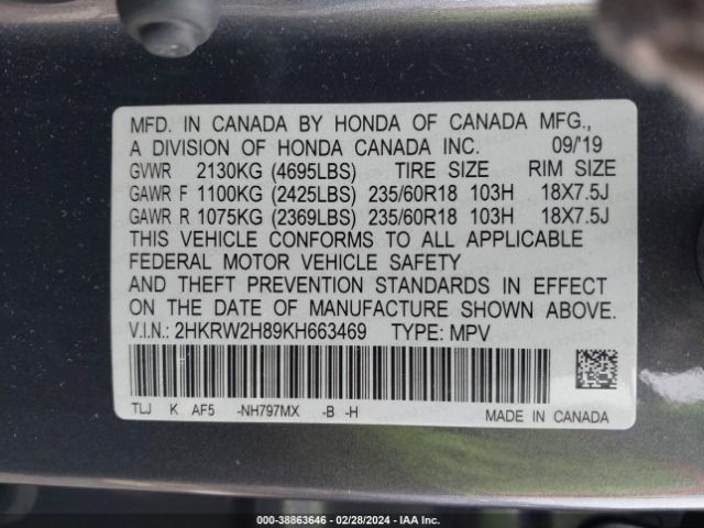 2HKRW2H89KH663469 Honda Cr-v Ex-l