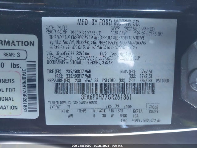 Ford FUSION SE 2016 3FA6P0H77GR261861 Image 9