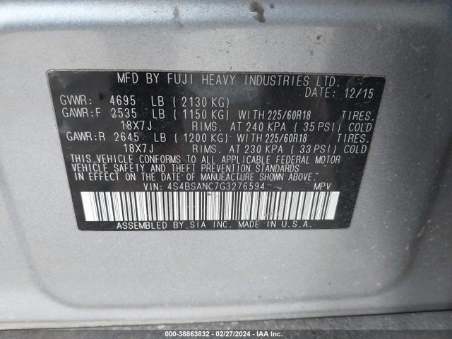 Subaru Outback 2.5i Limited 2016 4S4BSANC7G3276594 Image 9