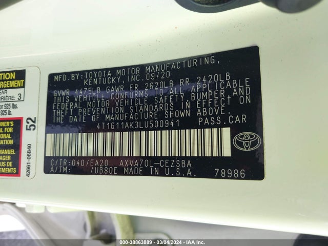 Toyota CAMRY SE 2020 4T1G11AK3LU500941 Image 9