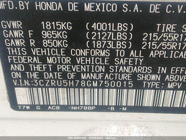 3CZRU5H78GM750015 Honda Hr-v Ex-l
