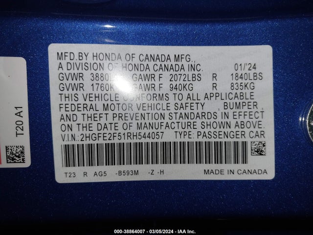 Honda Civic Sport 2024 2HGFE2F51RH544057 Image 9