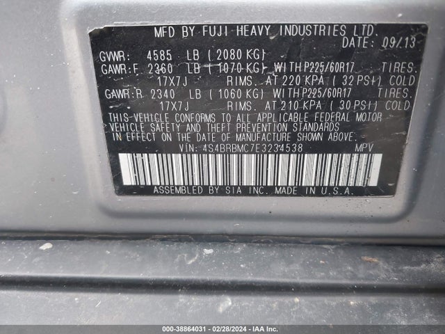 Subaru Outback 2.5i Limited 2014 4S4BRBMC7E3234538 Image 9
