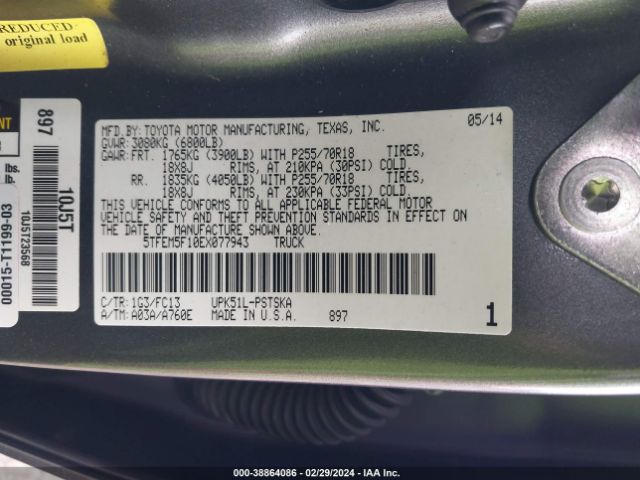 5TFEM5F10EX077943 Toyota Tundra Sr5 4.6l V8
