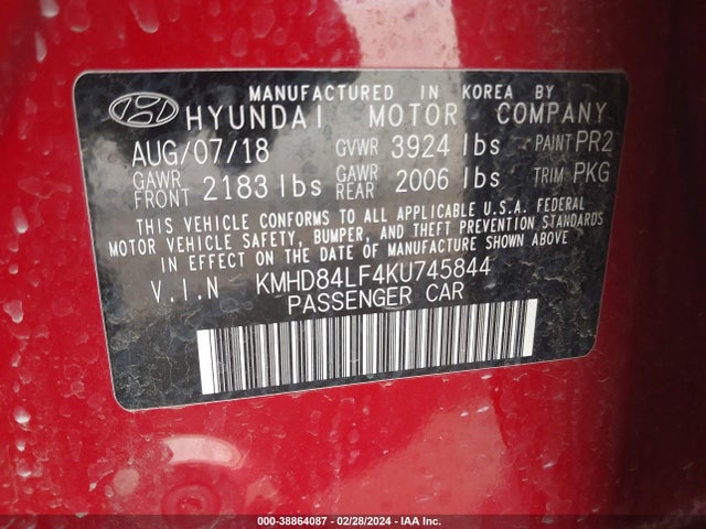 Auction sale of the 2019 Hyundai Elantra Sel, vin: KMHD84LF4KU745844, lot number: 38864087
