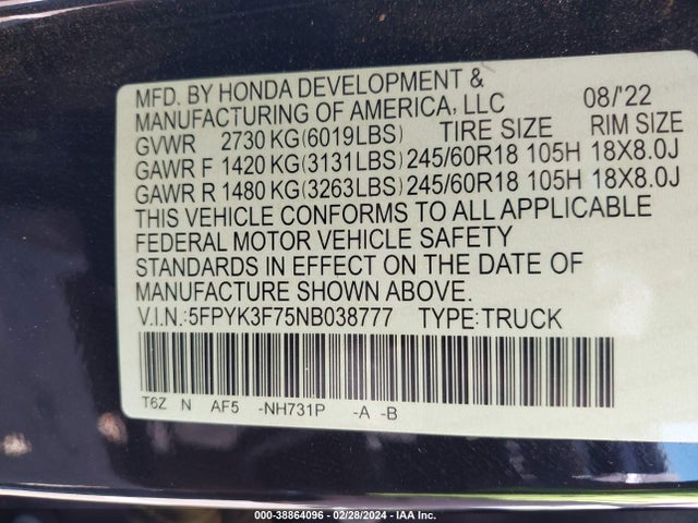 Honda Ridgeline Rtl-e 2022 5FPYK3F75NB038777 Image 9