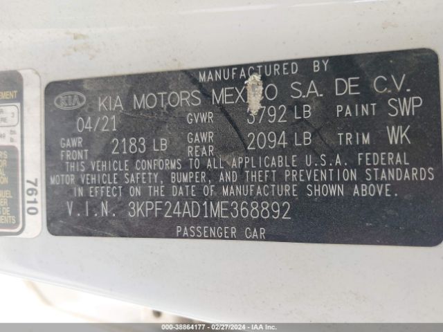 3KPF24AD1ME368892 KIA Forte Lxs