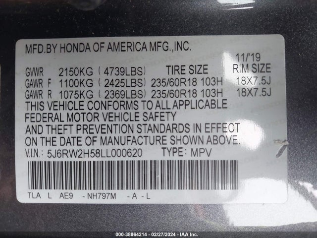Honda Cr-v Awd Ex 2020 5J6RW2H58LL000620 Image 9
