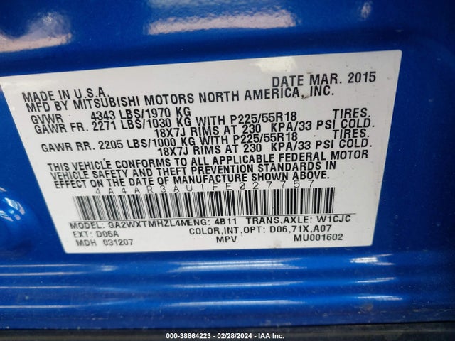 4A4AR3AU1FE027757 Mitsubishi Outlander Sport Es