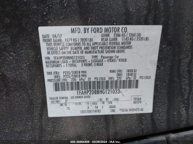 Ford TAURUS SE 2017 1FAHP2D88HG121023 Image 9