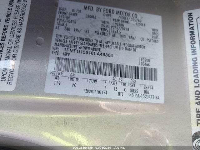 2008 FORD EXPEDITION XLT VIN: 1FMFU15518LA49304