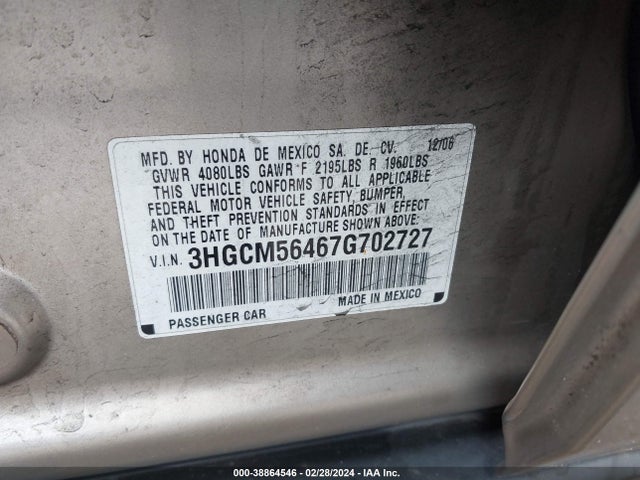 2007 HONDA ACCORD 2.4 LX VIN: 3HGCM56467G702727