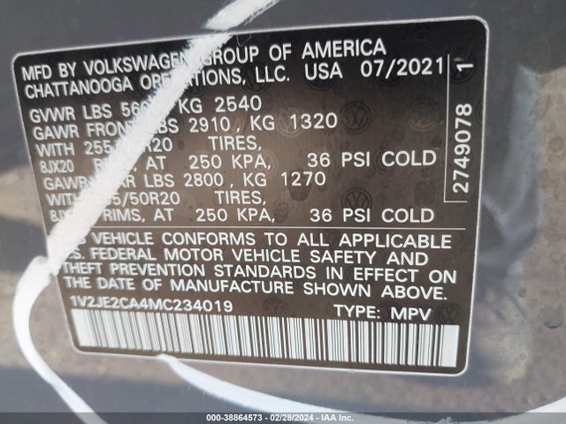 1V2JE2CA4MC234019 Volkswagen Atlas Cross Sport 3.6l V6 Se W/technology