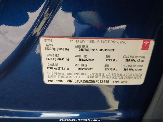 Tesla Model X 60d/70d/75d/90d 2016 5YJXCAE25GF012145 Image 9