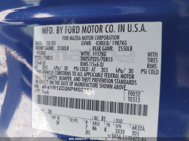 2006 MAZDA B2300 VIN: 4F4YR12D26PM02351