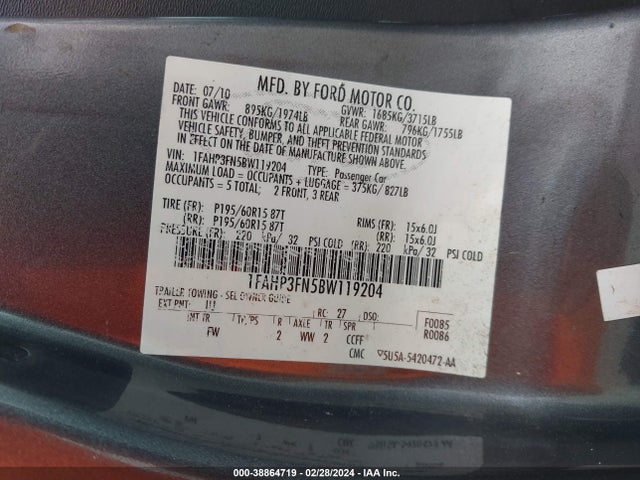 2011 FORD FOCUS SE VIN: 1FAHP3FN5BW119204