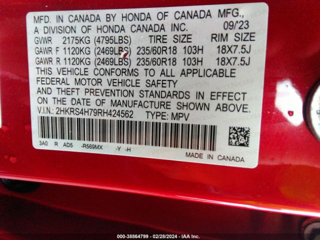 2HKRS4H79RH424562 Honda Cr-v Ex-l Awd